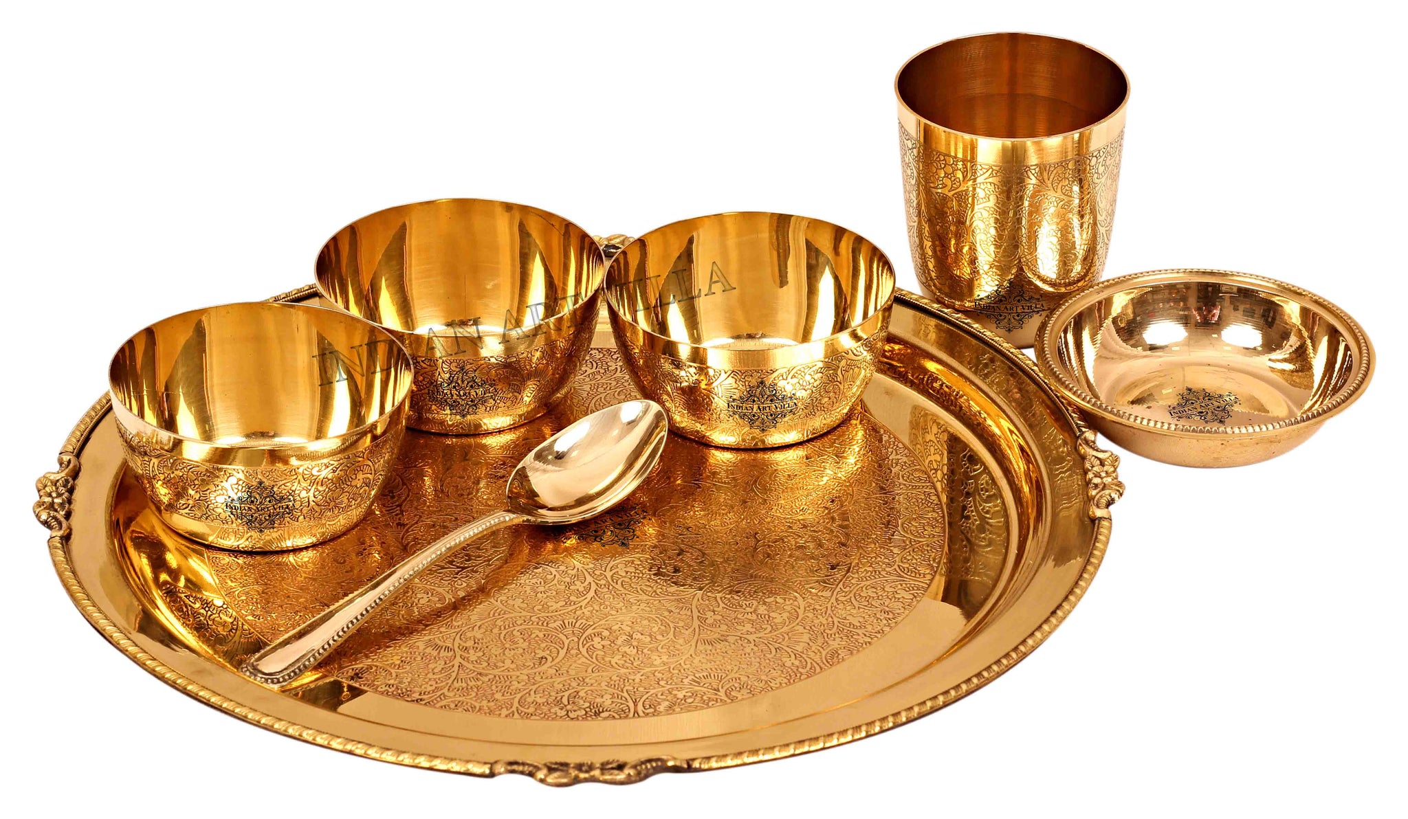 Brass Thali Dinner set of 7, Mughlai Style, Embossed Design | Dinnerware | Brass Thali set - SK59