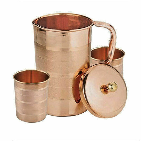 Pure Indian Handmade Copper Pitcher Jug With 2 Glass Cup For Ayurveda Benefits