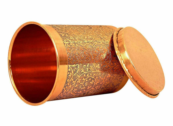 Embossed Design Benefit Yoga Ayurveda 300ml Copper Tumbler Cup with Lid