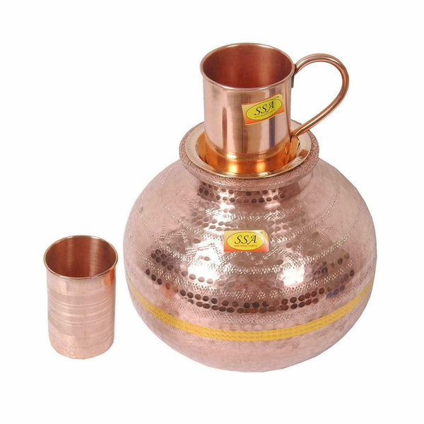 Pure Copper Matka Water Dispenser Container Pot with 1 Glass and 1 Mug Tumbler