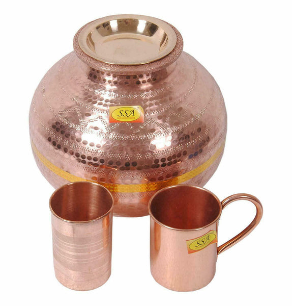 Pure Copper Matka Water Dispenser Container Pot with 1 Glass and 1 Mug Tumbler