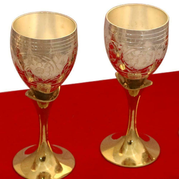 Indian Handicraft Gold Silver Coated Brass Two Tone Mini Wine Goblet Glass Set