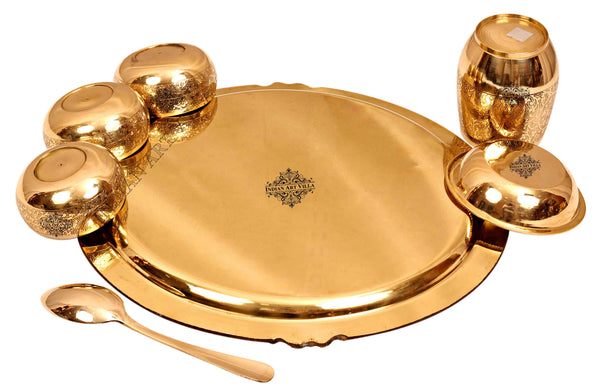 Brass Thali Dinner set of 7, Mughlai Style, Embossed Design | Dinnerware - SK58