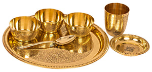 Brass Thali Dinner set of 7, Mughlai Style, Embossed Design, Beaded Lining | Dinnerware - SK57