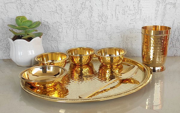 Pure Brass Hammered 7 Pieces Dinner Set / Thali Set with Beaded Line Design, Dinnerware, Tableware - SK51