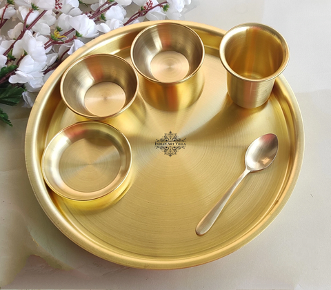 Pure Brass Matt Finish 6 Pieces Dinner Set / Thali Set, Dinnerware, Tableware  - SK50