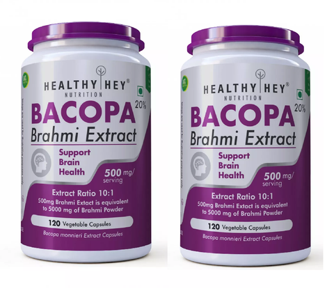 HealthyHey Bacopa (Brahmi Extract) (120 caps, 500 mg) Support Brain Health  (Pack of 2)  JS51