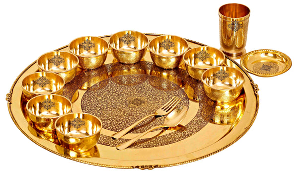 Brass Thali Dinner set of 14, Mughlai Style, Embossed Design, Beaded Lining | Fast Plate | Multi-Cuisine | Dinnerware - SK54