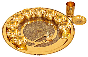 Brass Thali Dinner set of 14, Mughlai Style, Embossed Design, Beaded Lining | Fast Plate | Multi-Cuisine | Dinnerware - SK54