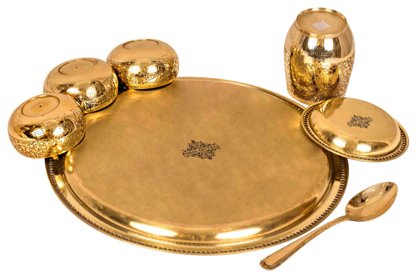 Brass Thali Dinner set of 7, Mughlai Style, Embossed Design, Beaded Lining | Dinnerware Thali Set - SK60