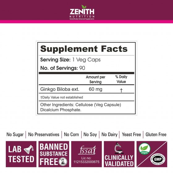 Zenith Nutrition Ginkgo Biloba (Supports Mental Clarity, Focus & Memory) 60 mg - 90 Veg Capsules (Pack of 2)  JS54
