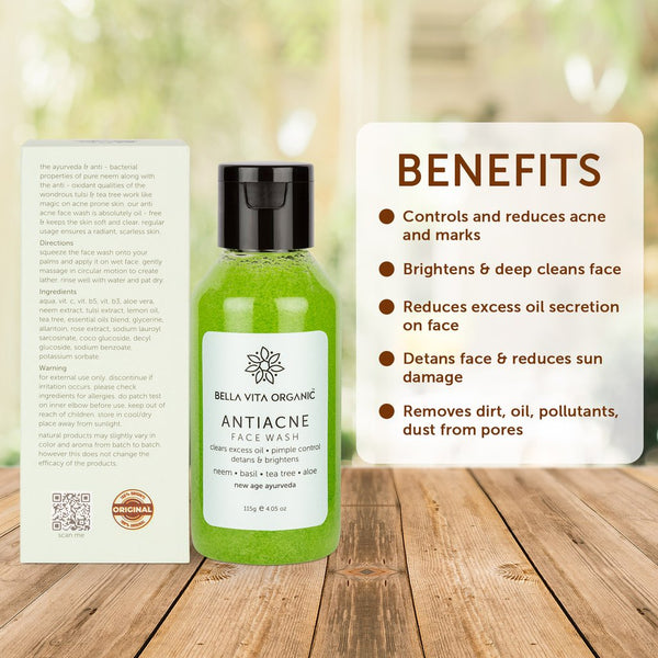 115g X 2 Bella Vita Organic - Anti Acne Face Wash for Oil Control, Pimples Repair & Glow with Neem, Basil, Tea Tree & Aloe YK011