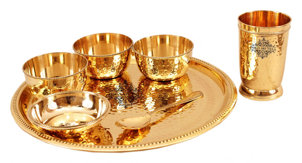 Brass Hammered Dinner Set, Thali Set with Beaded Designer Line, Set of 7 , Dinnerware, Tableware- SK63