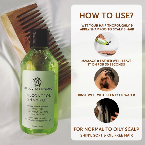 Bella Vita - Oil Control Shampoo For Oily Hair & Scalp Anti Dandruff, Neem, Tea Tree & Basil 225 ml YK115