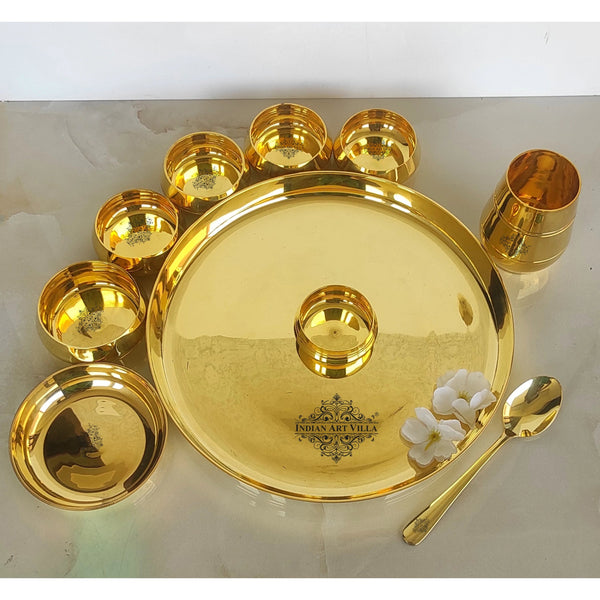 Brass Shine Finish 10 Pieces Dinner Set of 1 Thali, 1 Glass, 1 Spoon, 1 Small Plate, 1 Small Bowl, 4 Midium Bowl & 1 Big Bowl - SK63
